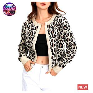 Leopard Print Cardigan Sweater Y2K Drop Shoulder Button Down Knit Top